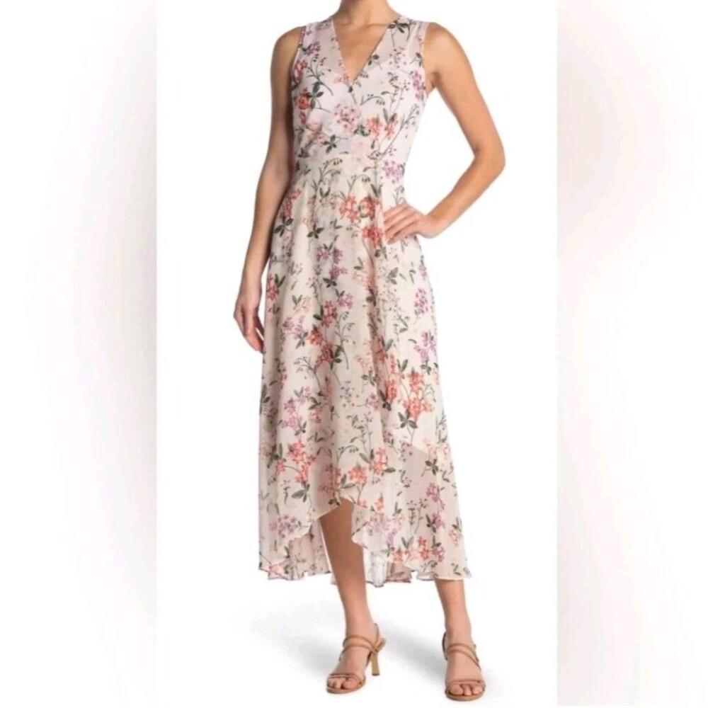 Calvin Klein Floral Chiffon Faux Wrap Asymmetric Dress Size 10